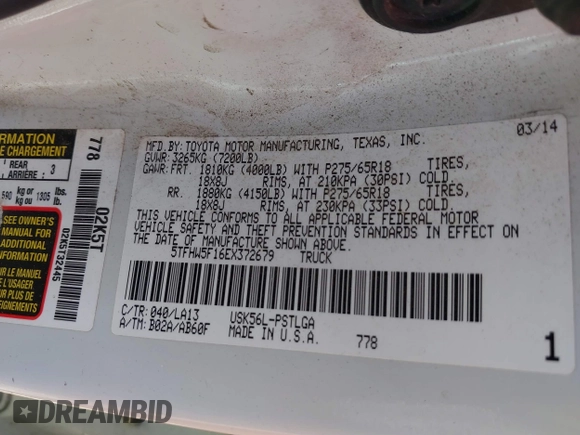 2014 Toyota Tundra 4WD Truck LTD with VIN 5TFHW5F16EX372679, listed as a IAAI auction lot 41736049 with 247,000 mi miles. Bid and sale history available at carsss.com. Image 9.