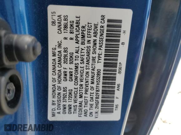 2015 Honda Civic EX z VIN 2HGFB2F87FH552890, wystawiony jako Copart lot #52539095 z przebiegiem 119 059 mil mil oraz Szkoda całkowita • Salvage title. Historia ofert i sprzedaży dostępna na DreamBid. Obrazek 15.