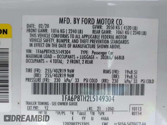 2020 Ford Mustang EcoBoost with VIN 1FA6P8TH2L5149304, listed as a IAAI auction lot 41833277 with 96,450 mi miles and . Bid and sale history available at DreamBid. Image 9.