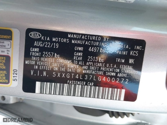 2020 Kia Optima LX with VIN 5XXGT4L37LG400272, listed as a IAAI auction lot 41726710 with 79,708 mi miles. Bid and sale history available at carsss.com. Image 9.