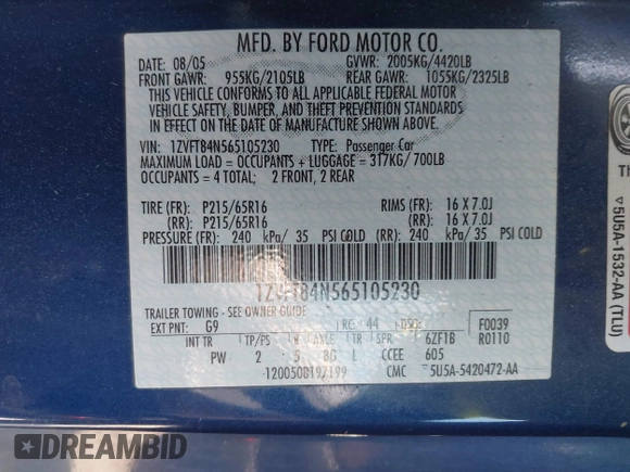 2006 Ford Mustang Standard with VIN 1ZVFT84N565105230, listed as a IAAI auction lot 42083563 with 167,265 mi miles and . Bid and sale history available at carsss.com. Image 9.