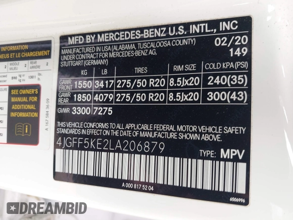 2020 Mercedes-Benz GLS 450 with VIN 4JGFF5KE2LA206879, listed as a IAAI auction lot 41851130 with 66,739 mi miles and . Bid and sale history available at DreamBid. Image 9.