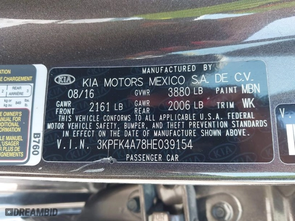 2017 Kia Forte LX with VIN 3KPFK4A78HE039154, listed as a IAAI auction lot 41815141 with 109,273 mi miles. Bid and sale history available at carsss.com. Image 9.