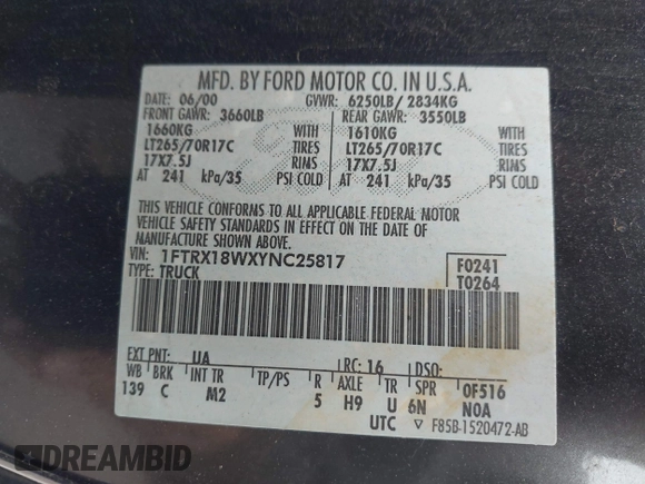 2000 Ford F-150 XL with VIN 1FTRX18WXYNC25817, listed as a IAAI auction lot 41976618 with 148,794 mi miles and . Bid and sale history available at DreamBid. Image 9.