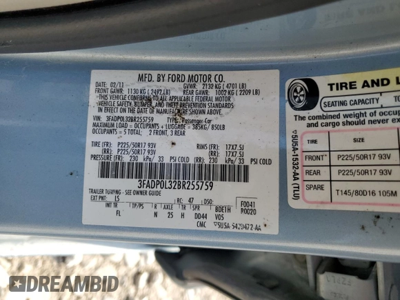 2011 Ford Fusion Hybrid with VIN 3FADP0L32BR255759, listed as a Copart auction lot 56836125 with 141,386 mi miles and Salvage title. Bid and sale history available at DreamBid. Image 13.
