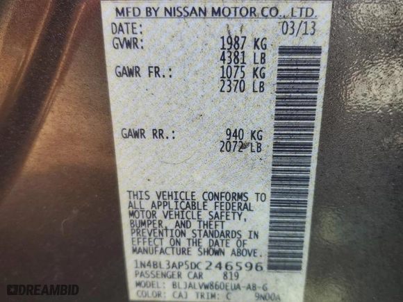 2013 Nissan Altima 3.5 SL with VIN 1N4BL3AP5DC246596, listed as a Copart auction lot 50790685 with 74,475 mi miles and Salvage Title. Bid and sale history available at carsss.com. Image 15.