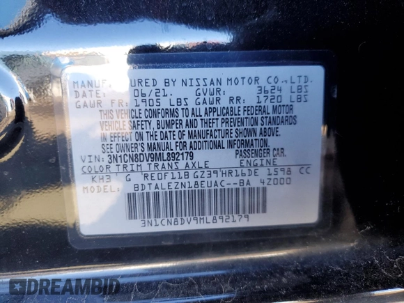 2021 Nissan Versa S with VIN 3N1CN8DV9ML892179, listed as a Copart auction lot 51034415 with 95,386 mi miles and Clean title. Bid and sale history available at DreamBid. Image 12.