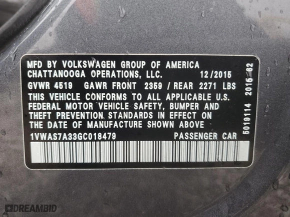 2016 Volkswagen Passat 1.8T S with VIN 1VWAS7A33GC018479, listed as a Copart auction lot 50259125 with 116,599 mi miles and Salvage Title. Bid and sale history available at carsss.com. Image 12.