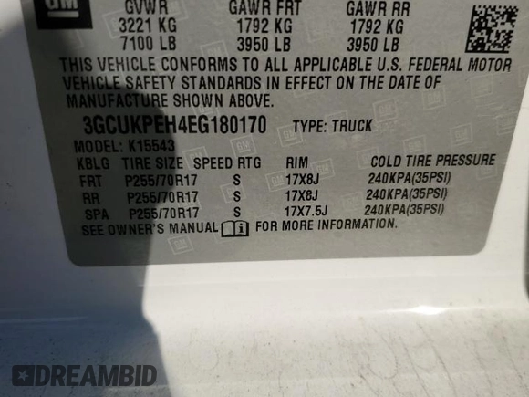 2014 Chevrolet Silverado 1500 Work Truck with VIN 3GCUKPEH4EG180170, listed as a Copart auction lot 53023585 with 165,878 mi miles and Salvage Title. Bid and sale history available at DreamBid. Image 12.
