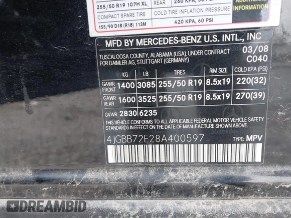 2008 Mercedes-Benz M 5.5L with VIN 4JGBB72E28A400597, listed as a IAAI auction lot 42012741 with 194,832 mi miles. Bid and sale history available at carsss.com. Image 9.