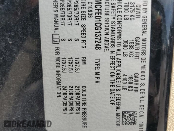 2012 Chevrolet Avalanche LT with VIN 3GNMCFE01CG137248, listed as a Copart auction lot 62332495 with 170,490 mi miles and Salvage title. Bid and sale history available at DreamBid. Image 13.