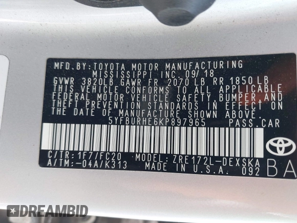 2019 Toyota Corolla L z VIN 5YFBURHE6KP897965, wystawiony jako IAAI lot #42379901 z przebiegiem 53 942 mil mil oraz . Historia ofert i sprzedaży dostępna na DreamBid. Obrazek 9.