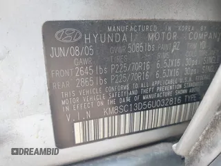 2006 Hyundai Santa Fe GLS z VIN KM8SC13D56U032816, wystawiony jako IAAI lot #42239505 z przebiegiem 180 515 mil mil oraz . Historia ofert i sprzedaży dostępna na DreamBid. Obrazek 9.