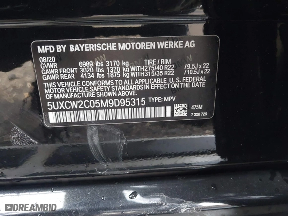 2021 BMW X7 xDrive40i with VIN 5UXCW2C05M9D95315, listed as a IAAI auction lot 41843811 with 58,857 mi miles. Bid and sale history available at carsss.com. Image 9.