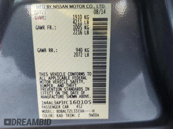 2015 Nissan Altima 2.5 S with VIN 1N4AL3AP3FC160105, listed as a Copart auction lot 87384034 with 146,049 mi miles and Salvage Title. Bid and sale history available at carsss.com. Image 12.