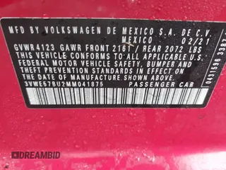 2021 Volkswagen Jetta SEL with VIN 3VWE57BU2MM041875, listed as a IAAI auction lot 41534030 with 20,282 mi miles and . Bid and sale history available at DreamBid. Image 9.