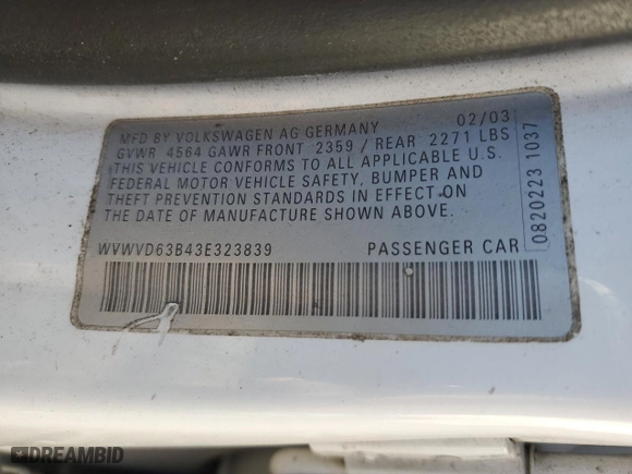 2003 Volkswagen Passat GLS with VIN WVWVD63B43E323839, listed as a Copart auction lot 81100434 with 164,795 mi miles and Salvage Title. Bid and sale history available at carsss.com. Image 12.