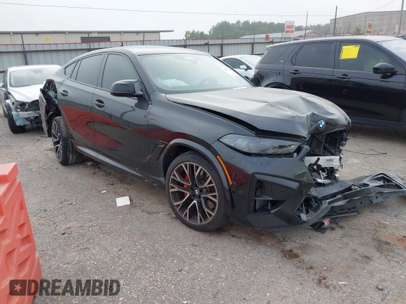 2024 BMW X6 M with VIN 5YM23ET07R9V10225, listed as a IAAI auction lot 40971354 with 1 mi miles. Bid and sale history available at carsss.com. Image 1.
