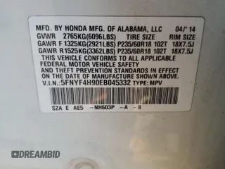 2014 Honda Pilot Touring with VIN 5FNYF4H90EB045332, listed as a Copart auction lot 42993945 with 120,248 mi miles and Salvage Title. Bid and sale history available at DreamBid. Image 13.