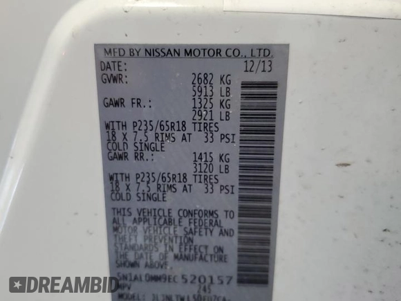 2014 Infiniti QX60 with VIN 5N1AL0MM9EC520157, listed as a Copart auction lot 57418595 with 156,534 mi miles and Clean title. Bid and sale history available at DreamBid. Image 13.