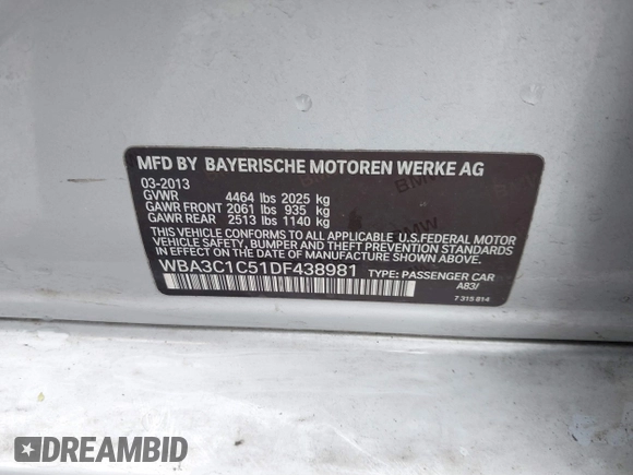 2013 BMW 3 Series 328i with VIN WBA3C1C51DF438981, listed as a IAAI auction lot 41741049 with 135,499 mi miles. Bid and sale history available at carsss.com. Image 9.