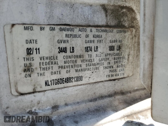 2011 Chevrolet Aveo 2LT z VIN KL1TG6DE4BB213890, wystawiony jako Copart lot #52505565 z przebiegiem 157 464 mil mil oraz Szkoda całkowita • Salvage title. Historia ofert i sprzedaży dostępna na DreamBid. Obrazek 14.