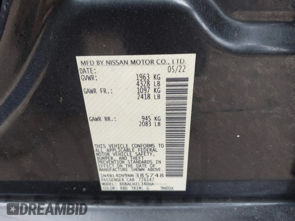 2022 Nissan Altima 2.5 SV with VIN 1N4BL4DV9NN385748, listed as a IAAI auction lot 41865474 with 59,369 mi miles. Bid and sale history available at carsss.com. Image 9.