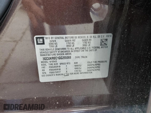 2016 Chevrolet Silverado 1500 LT with VIN 3GCUKREC1GG255068, listed as a Copart auction lot 47892505 with 47,837 mi miles and Salvage Title. Bid and sale history available at DreamBid. Image 12.