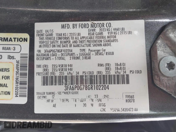 2016 Ford Fusion S with VIN 3FA6P0G78GR102204, listed as a IAAI auction lot 41622658 with 95,930 mi miles. Bid and sale history available at carsss.com. Image 9.