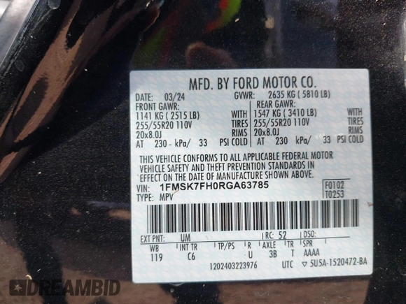 2024 Ford Explorer Limited z VIN 1FMSK7FH0RGA63785, wystawiony jako IAAI lot #41953356 z przebiegiem 12 390 mil mil oraz . Historia ofert i sprzedaży dostępna na DreamBid. Obrazek 9.