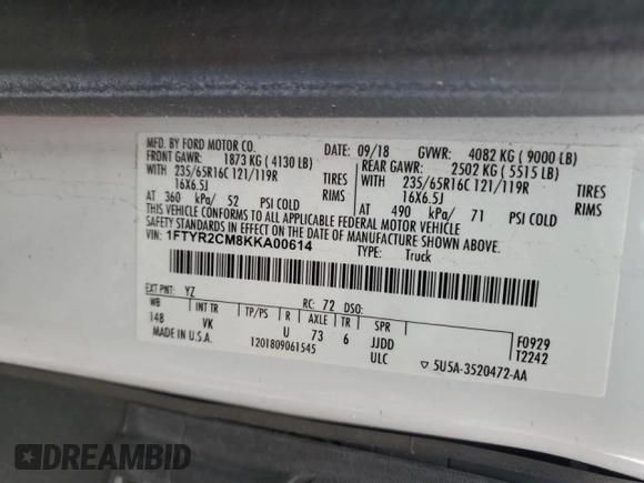 2019 Ford Transit with VIN 1FTYR2CM8KKA00614, listed as a Copart auction lot 45124425 with Not Provided miles and Salvage Title. Bid and sale history available at carsss.com. Image 14.