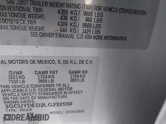 2020 Chevrolet Silverado 1500 LT with VIN 3GCUYDED2LG232550, listed as a IAAI auction lot 41733055 with 110,847 mi miles and . Bid and sale history available at DreamBid. Image 9.