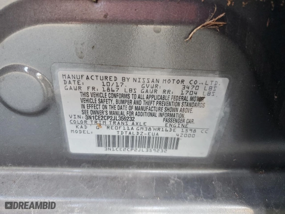 2018 Nissan Versa Note SV with VIN 3N1CE2CP2JL359232, listed as a Copart auction lot 45359435 with 0 mi miles and Non Repairable. Bid and sale history available at carsss.com. Image 13.