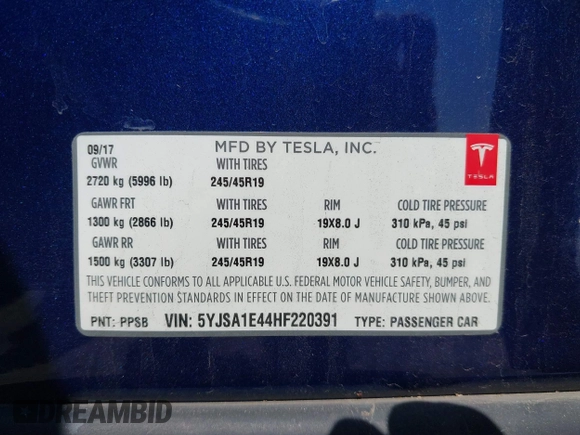 2017 Tesla Model S 100D with VIN 5YJSA1E44HF220391, listed as a IAAI auction lot 37381201 with Not Provided miles and . Bid and sale history available at DreamBid. Image 9.