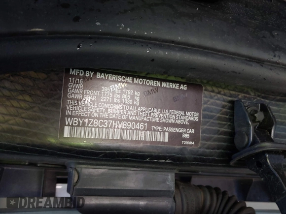 2017 BMW i3 with VIN WBY1Z8C37HV890461, listed as a IAAI auction lot 42396115 with 66,359 mi miles and . Bid and sale history available at DreamBid. Image 9.