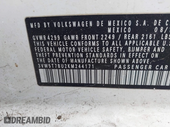 2019 Volkswagen Jetta GLI S with VIN 3VW5T7BU2KM244171, listed as a IAAI auction lot 41967344 with 90,000 mi miles and . Bid and sale history available at DreamBid. Image 9.