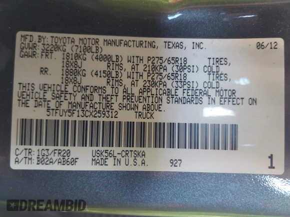 2012 Toyota Tundra with VIN 5TFUY5F13CX259312, listed as a IAAI auction lot 42547918 with 182,190 mi miles and . Bid and sale history available at DreamBid. Image 9.