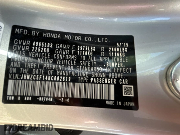 2019 Honda Clarity Plug-In Hybrid with VIN JHMZC5F14KC002619, listed as a Copart auction lot 55531325 with 53,911 mi miles and Salvage Title. Bid and sale history available at carsss.com. Image 10.