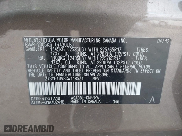 2012 Toyota RAV4 Limited with VIN 2T3YF4DV3CW118574, listed as a IAAI auction lot 41164279 with 166,479 mi miles. Bid and sale history available at carsss.com. Image 9.