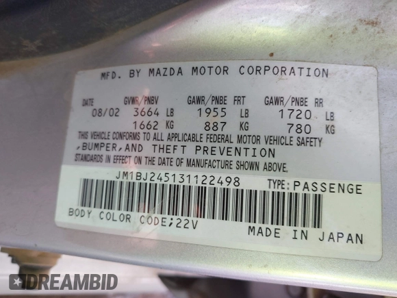 2003 Mazda Protege with VIN JM1BJ245131122498, listed as a IAAI auction lot 41990488 with 170,880 mi miles and . Bid and sale history available at DreamBid. Image 9.