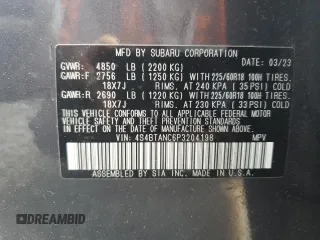 2023 Subaru Outback Limited with VIN 4S4BTANC6P3204198, listed as a Copart auction lot 56130765 with 20,294 mi miles and Salvage title. Bid and sale history available at DreamBid. Image 14.