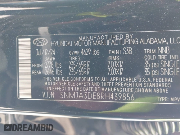 2024 Hyundai Tucson SE with VIN 5NMJA3DE8RH439856, listed as a IAAI auction lot 41592655 with 3,367 mi miles and . Bid and sale history available at DreamBid. Image 9.