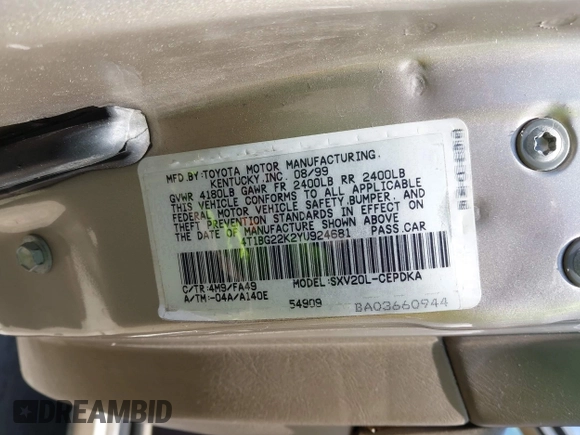 2000 Toyota Camry CE z VIN 4T1BG22K2YU924681, wystawiony jako IAAI lot #42517917 z przebiegiem 228 920 mil mil oraz . Historia ofert i sprzedaży dostępna na DreamBid. Obrazek 9.