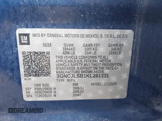 2019 Chevrolet Trax LT z VIN 3GNCJLSB1KL281331, wystawiony jako IAAI lot #41944818 z przebiegiem 119 314 mil mil oraz . Historia ofert i sprzedaży dostępna na DreamBid. Obrazek 9.