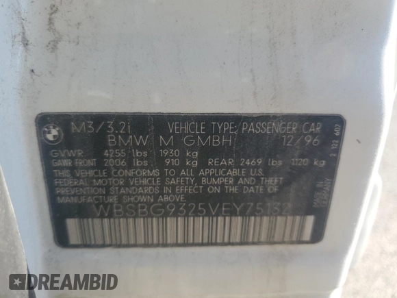 1997 BMW 3 Series M3 with VIN WBSBG9325VEY75132, listed as a Copart auction lot 43638795 with 132,350 mi miles and Salvage title. Bid and sale history available at DreamBid. Image 12.