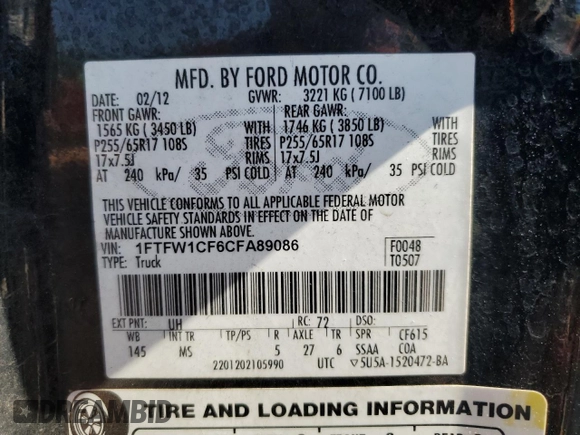 2012 Ford F-150 XL z VIN 1FTFW1CF6CFA89086, wystawiony jako Copart lot #52191225 z przebiegiem 190 254 mil mil oraz Szkody całkowita. Historia ofert i sprzedaży dostępna na DreamBid. Obrazek 12.