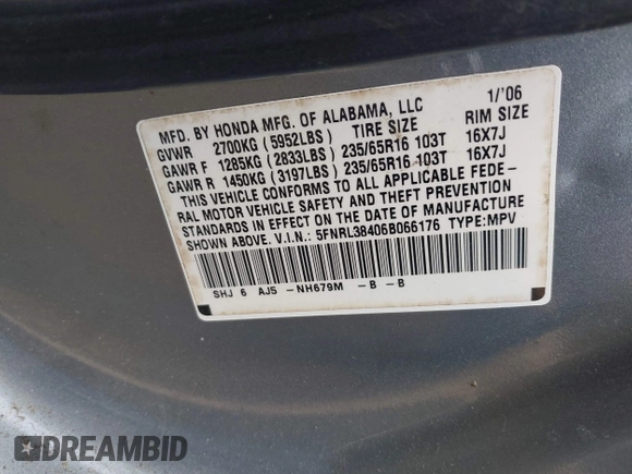 2006 Honda Odyssey EX with VIN 5FNRL38406B066176, listed as a IAAI auction lot 42028052 with 136,305 mi miles and . Bid and sale history available at DreamBid. Image 9.