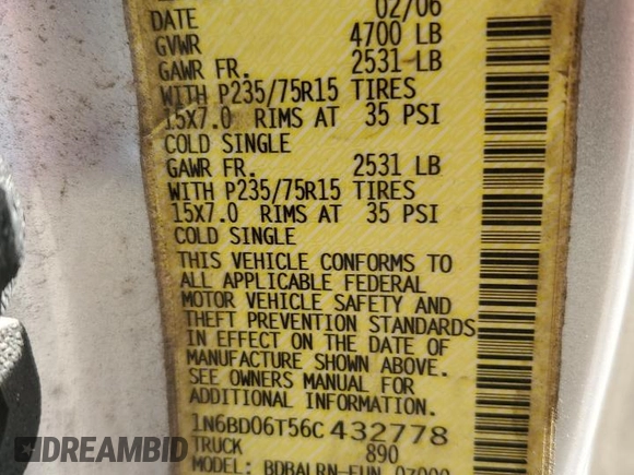 2006 Nissan Frontier XE with VIN 1N6BD06T56C432778, listed as a Copart auction lot 48866675 with 177,928 mi miles and Salvage title. Bid and sale history available at DreamBid. Image 12.