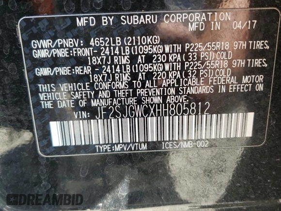 2017 Subaru Forester Touring z VIN JF2SJGWCXHH805812, wystawiony jako Copart lot #61081795 z przebiegiem 99 017 mil mil oraz Szkoda całkowita • Salvage title. Historia ofert i sprzedaży dostępna na DreamBid. Obrazek 14.