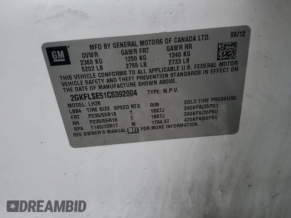 2012 GMC Terrain SLE-2 with VIN 2GKFLSE51C6392004, listed as a Copart auction lot 50004475 with 223,133 mi miles and Salvage Title. Bid and sale history available at DreamBid. Image 13.